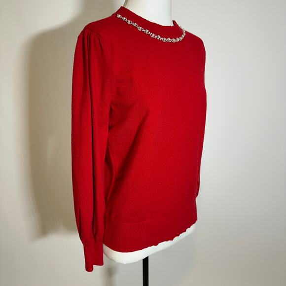 Liz Claiborne Red Cabaret Balloon Sleeve Embellished Neck Sweater Womens Medium - Picture 2 of 11